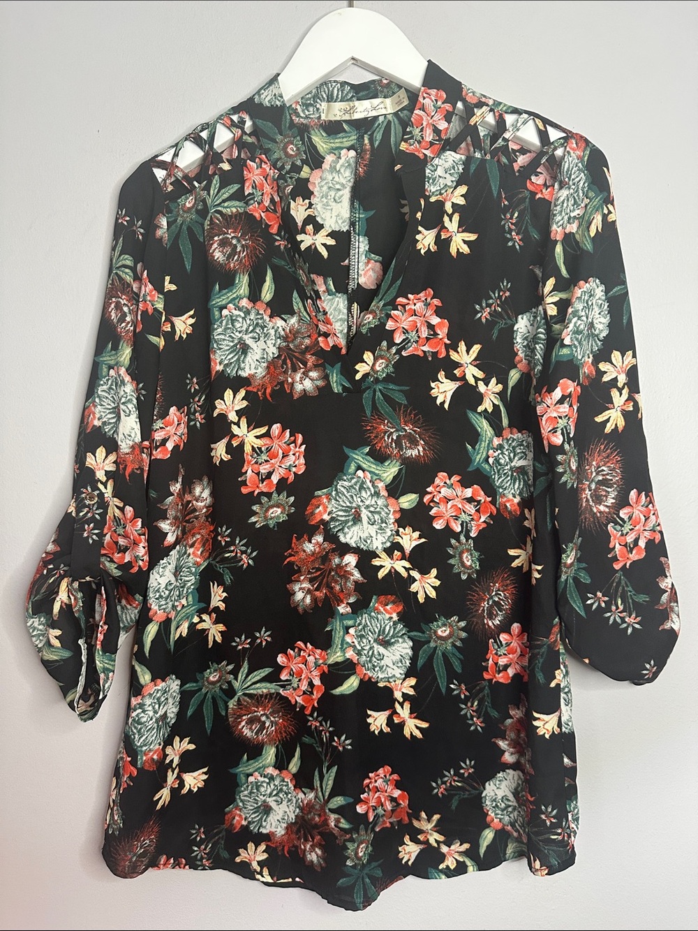 Floral V-Neck Blouse - Black with Coral & Green size S